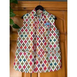 Rezwan Sherwan Point Men’s Nehru Waistcoat – Vibrant Ikat Diamond Print (SZ 40)